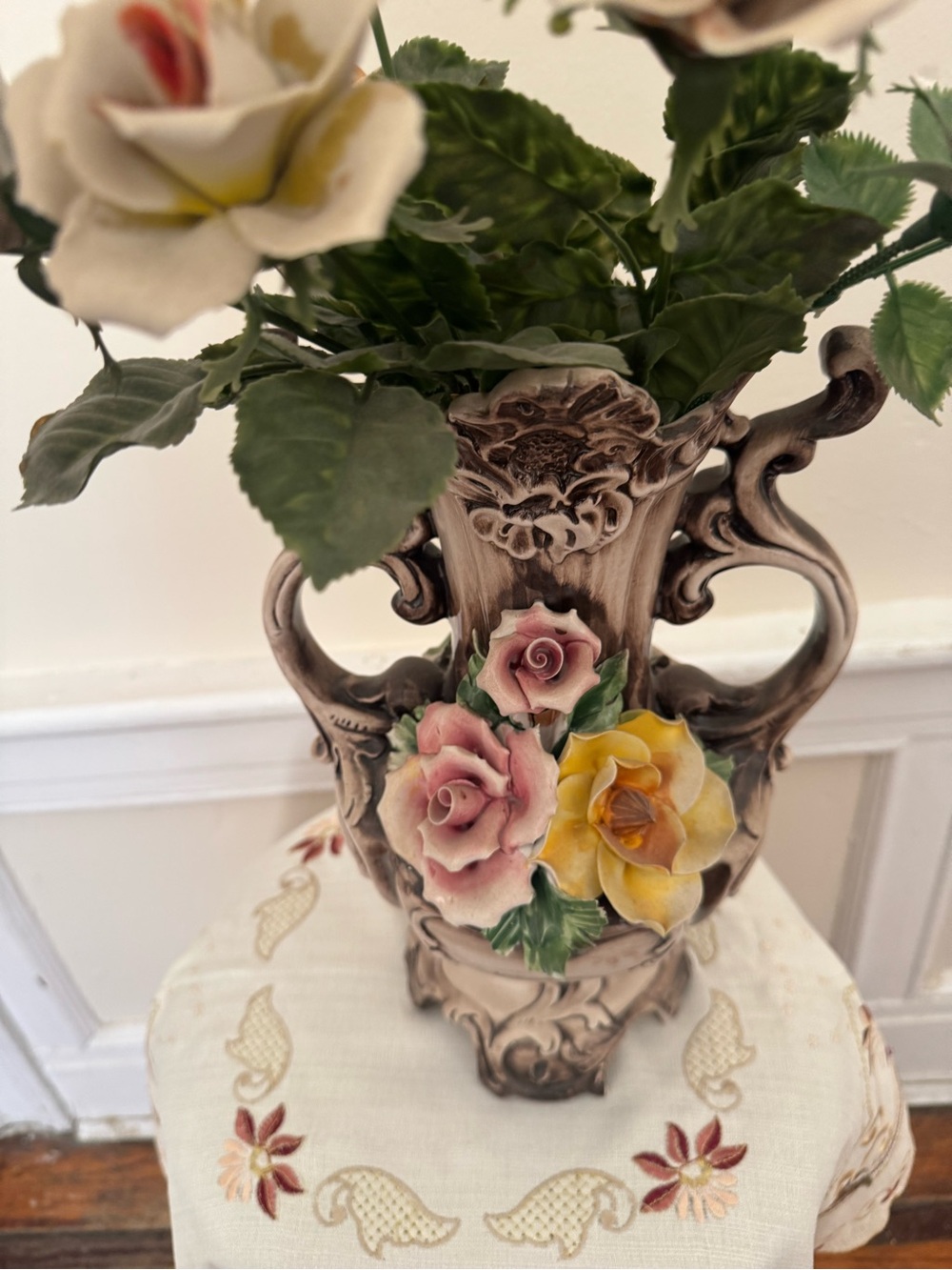 Handcrafted ornate Copademante  Floral Ceramic Vase with Pink and Yellow Roses